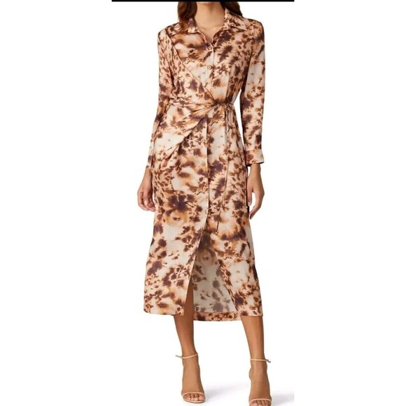 NANUSHKA Bisso Midi Shirt Dress Tie Dye Tonal Brown Draped Long Sleeve Small - Picture 1 of 11